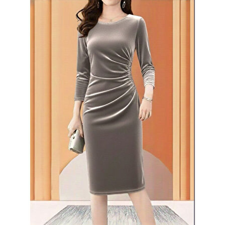 Lucky Life Kadın Uzun Kollu Bot Yaka Yanı Taş Detaylı Midi Kadife Elbise