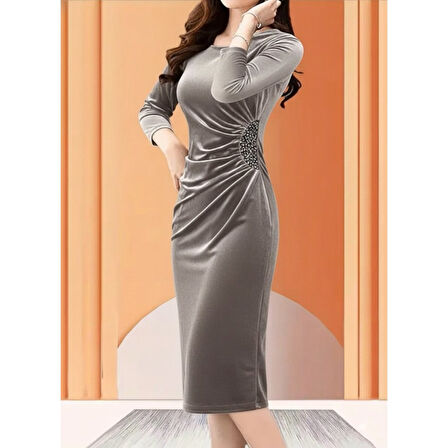 Lucky Life Kadın Uzun Kollu Bot Yaka Yanı Taş Detaylı Midi Kadife Elbise