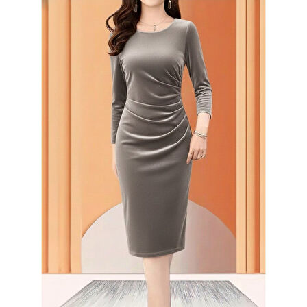 Lucky Life Kadın Uzun Kollu Bot Yaka Yanı Taş Detaylı Midi Kadife Elbise