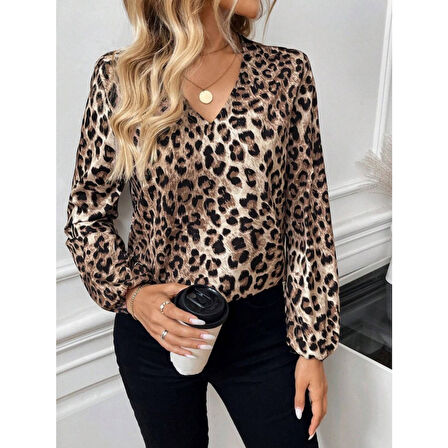 Lucky Life Kadın Uzun Kollu V Yakalı Modal Leopar Bluz