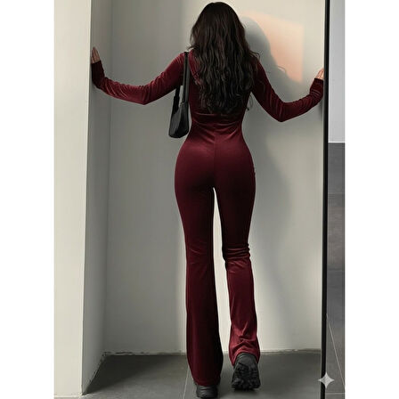 Lucky Life Kadın Uzun Kollu Kapşonlu Fermuarlı Kadife Tulum