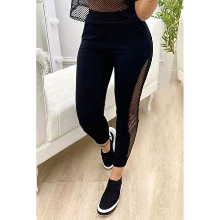 Lucky Life Kadın Yüksek Bel File Detaylı Dar Kesim Viskon Iki Iplik Pantolon