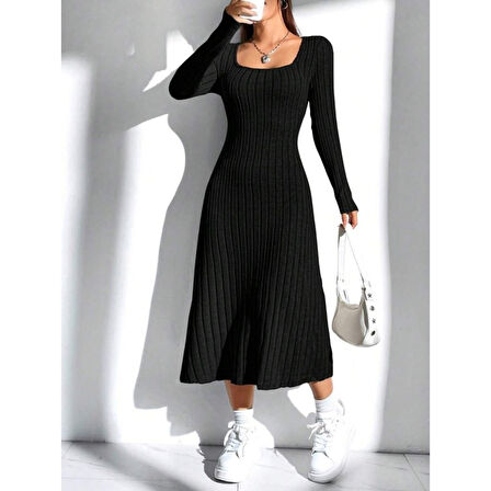 Lucky Life Kadın Uzun Kollu Kare Yaka Midi Kaşkorse Elbise