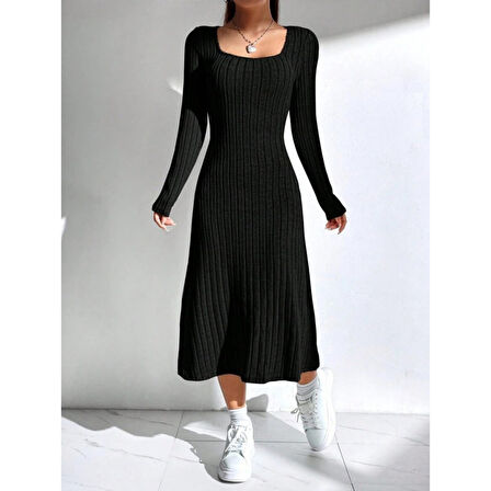 Lucky Life Kadın Uzun Kollu Kare Yaka Midi Kaşkorse Elbise