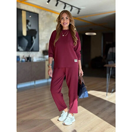 Lucky Life Kadın Uzun Kollu Bisiklet Yaka Viskon Iki Iplik Bluz Ve Pantolon Ikili Takım