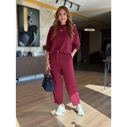 Lucky Life Kadın Uzun Kollu Bisiklet Yaka Viskon Iki Iplik Bluz Ve Pantolon Ikili Takım