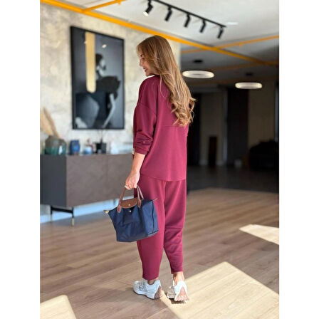 Lucky Life Kadın Uzun Kollu Bisiklet Yaka Viskon Iki Iplik Bluz Ve Pantolon Ikili Takım