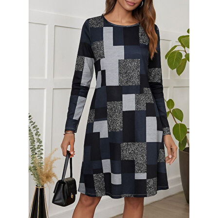 Lucky Life Kadın Uzun Kollu Yuvarlak Yaka Geometrik Süprem Elbise