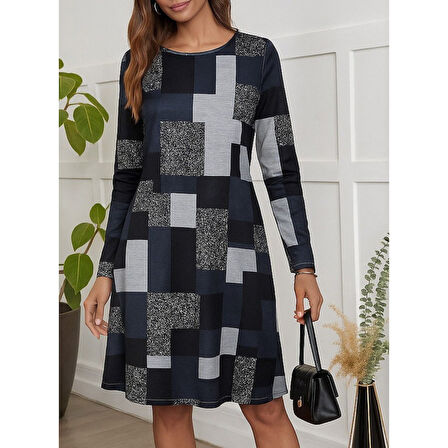 Lucky Life Kadın Uzun Kollu Yuvarlak Yaka Geometrik Süprem Elbise