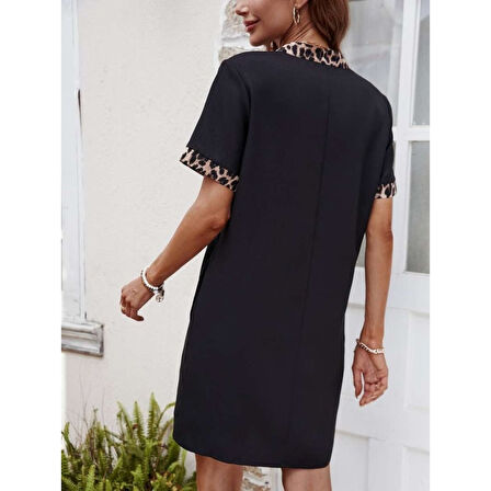 Lucky Life Kadın Kısa Kollu V Yakalı Leopar Desen Detaylı Modal Elbise