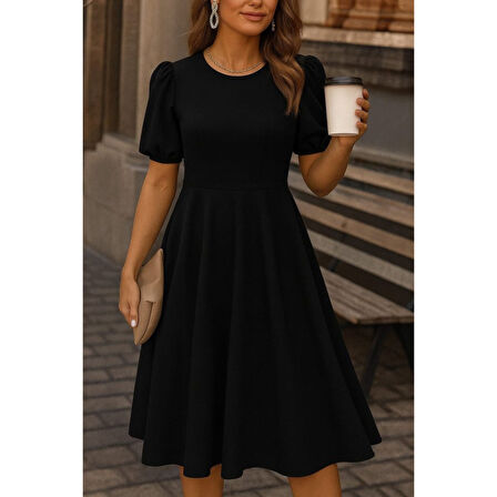 Lucky Life Kadın Kısa Balon Kollu Bisiklet Yaka Geniş Kesim Janjan Krep Elbise