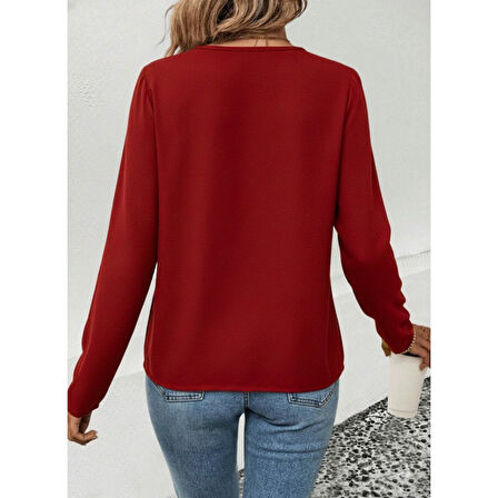 Lucky Life Kadın Uzun Kollu V Parlak Yaka Detaylı Viskon Bluz