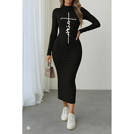 Lucky Life Kadın Uzun Kollu Boğazlı Baskı Detaylı Viskon Tam Boy Elbise