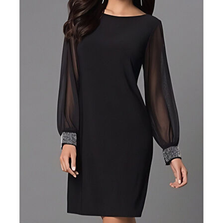 Lucky Life Kadın Uzun Kollu Bisiklet Yaka Kollar Tül Manşet Taş Işlemeli Krep Elbise