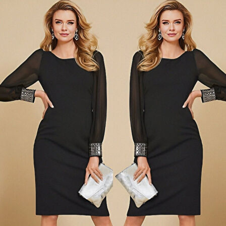 Lucky Life Kadın Uzun Kollu Bisiklet Yaka Kollar Tül Manşet Taş Işlemeli Krep Elbise