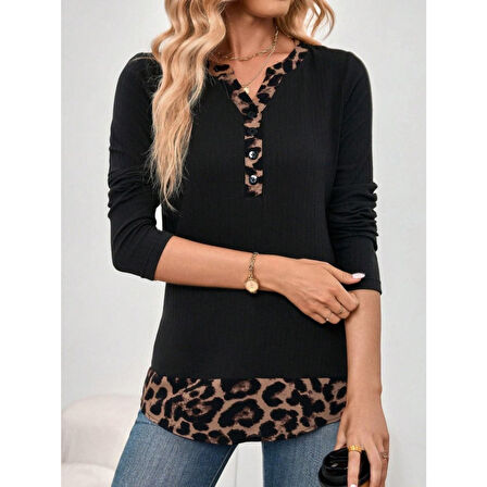 Lucky Life Kadın Uzun Kollu Yakadan Düğmeli Leopar Detaylı Kaşkorse Bluz