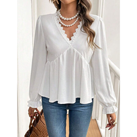 Lucky Life Lucky Life Kadın Uzun Kollu V Dantel Yaka Aerobin Bluz