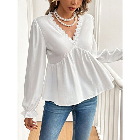 Lucky Life Lucky Life Kadın Uzun Kollu V Dantel Yaka Aerobin Bluz