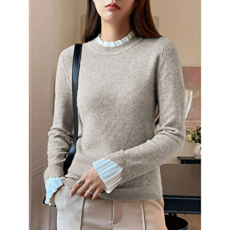 Lucky Life Kadın Uzun Kollu Fırfırlı Yakalı Triko Krem Bluz