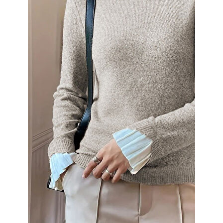 Lucky Life Kadın Uzun Kollu Fırfırlı Yakalı Triko Krem Bluz