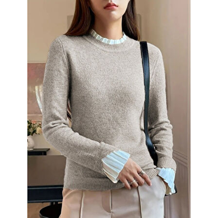 Lucky Life Kadın Uzun Kollu Fırfırlı Yakalı Triko Krem Bluz