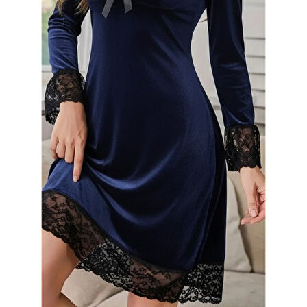 Lucky Life Kadın Uzun Kollu V Dantel Yakalı Mini Kadife Elbise