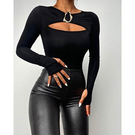 Lucky Life Kadın Uzun Kollu Bisiklet Yaka Göğüs Dekolteli Viskon Bluz