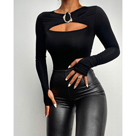 Lucky Life Kadın Uzun Kollu Bisiklet Yaka Göğüs Dekolteli Viskon Bluz
