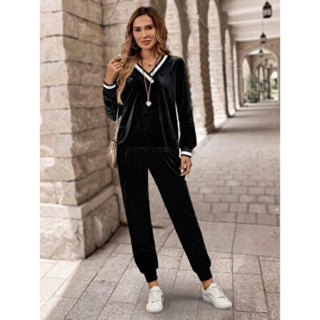 Lucky Life Kadın Uzun Kollu V Yaka Kadife Bluz Ve Pantolon Ikili Takım