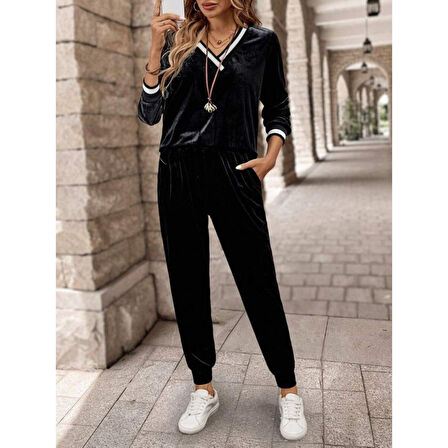 Lucky Life Kadın Uzun Kollu V Yaka Kadife Bluz Ve Pantolon Ikili Takım