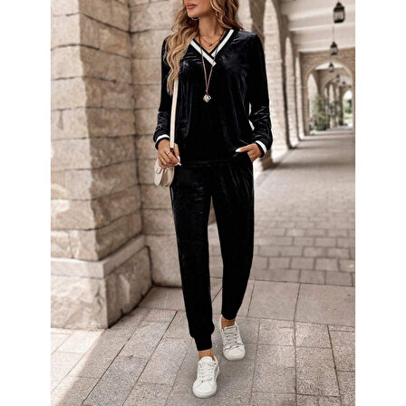 Lucky Life Kadın Uzun Kollu V Yaka Kadife Bluz Ve Pantolon Ikili Takım