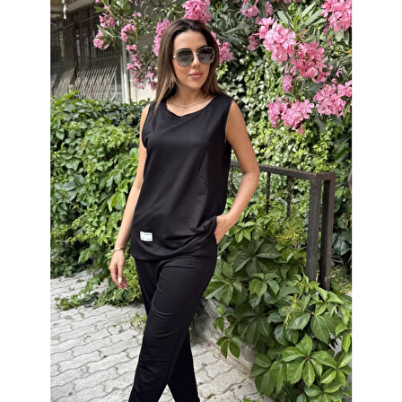 Lucky Life Kadın Askılı Yuvarlak Yaka Viskon Iki Iplik Bluz Ve Eşofman Altı Ikili Takım