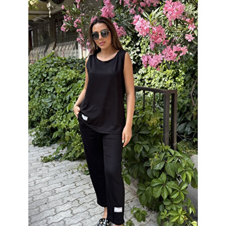 Lucky Life Kadın Askılı Yuvarlak Yaka Viskon Iki Iplik Bluz Ve Eşofman Altı Ikili Takım