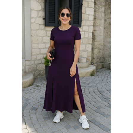 Lucky Life Kadın Kısa Kollu Sırt Dekolteli Yırtmaç Detaylı Viskon Elbise