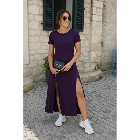 Lucky Life Kadın Kısa Kollu Sırt Dekolteli Yırtmaç Detaylı Viskon Elbise