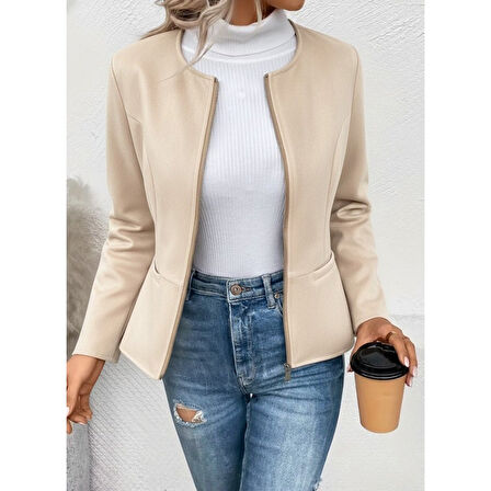 Lucky Life Kadın Uzun Kollu Yuvarlak Yaka önden Fermuarlı Süet Ceket