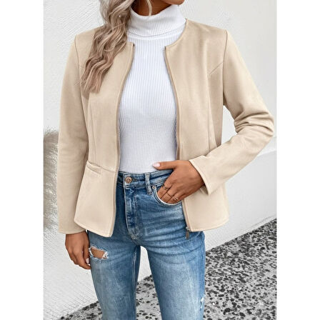 Lucky Life Kadın Uzun Kollu Yuvarlak Yaka önden Fermuarlı Süet Ceket