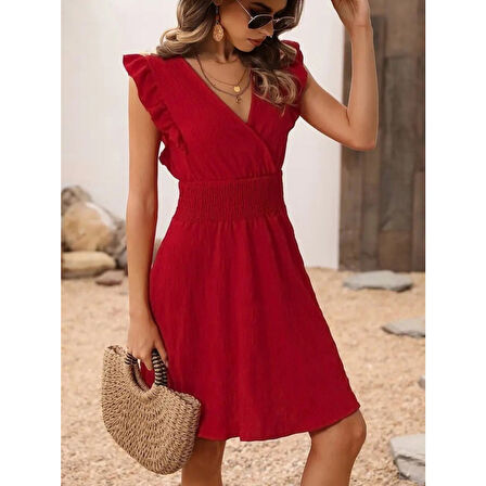 Lucky Life Kadın Kısa Kollu Kruvaze Yakalı Beli Lastikli Aerobin Elbise