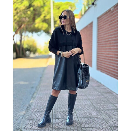 Lucky Life Kadın Uzun Kollu Kapüşon Ve Deri Detay Diz üstü Elbise