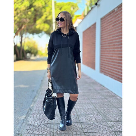 Lucky Life Kadın Uzun Kollu Kapüşon Ve Deri Detay Diz üstü Elbise