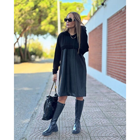 Lucky Life Kadın Uzun Kollu Kapüşon Ve Deri Detay Diz üstü Elbise