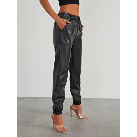 Lucky Life Kadın Yüksek Bel Lastikli önü Düğmeli Deri Pantolon