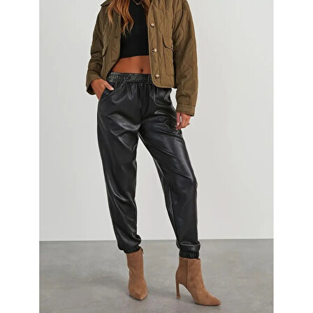 Lucky Life Kadın Yüksek Bel Lastikli önü Düğmeli Deri Pantolon