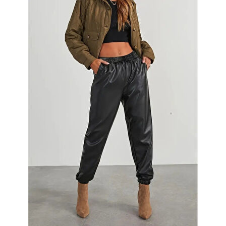 Lucky Life Kadın Yüksek Bel Lastikli önü Düğmeli Deri Pantolon