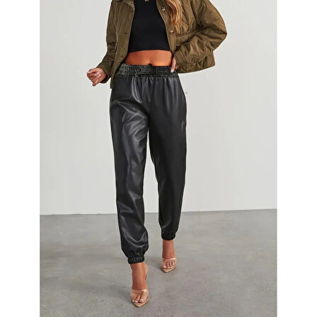 Lucky Life Kadın Yüksek Bel Lastikli önü Düğmeli Deri Pantolon