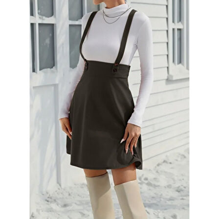 Lucky Life Kadın Askılı Düğmeli Mini Süet Elbise