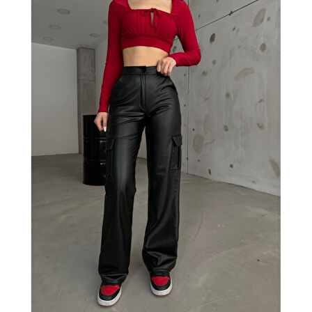 Lucky Life Kadın Yüksek Bel önden Fermuarlı Yandan Cep Detaylı Deri Kargo Pantolon