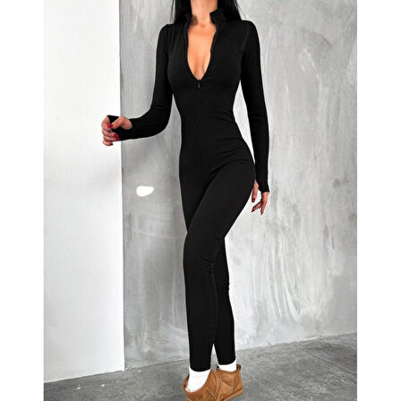 Lucky Life Kadın Uzun Kollu V Yaka Parmak Geçirmeli Detay Kaşkorse Tulum