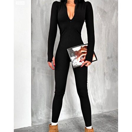 Lucky Life Kadın Uzun Kollu V Yaka Parmak Geçirmeli Detay Kaşkorse Tulum