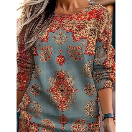 Lucky Life Kadın Uzun Kollu Yuvarlak Yaka Desenli Mini Modal Elbise